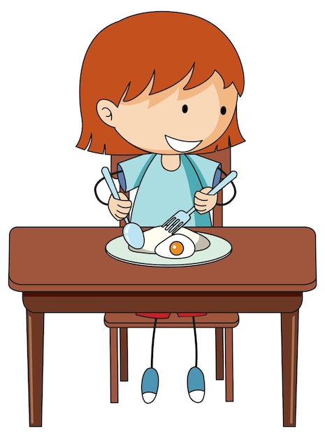 Free vector a girl having breakfast doodle cartoon character isolated