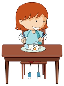 A girl having breakfast doodle cartoon character isolated