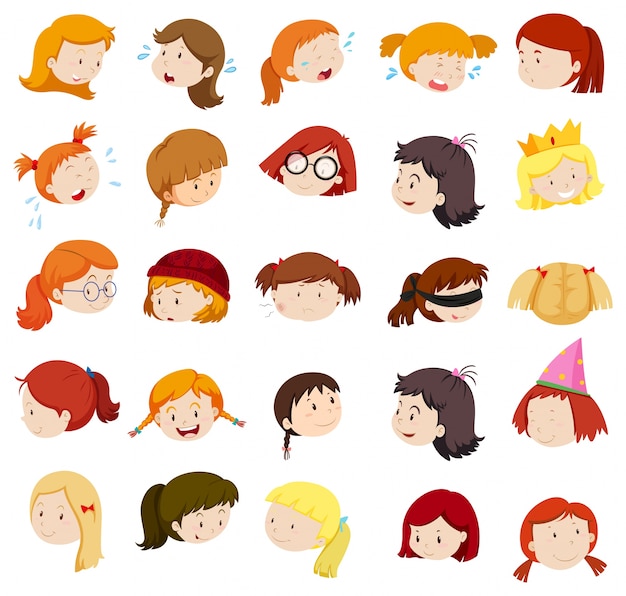 Free vector girl head with different expressions illustration