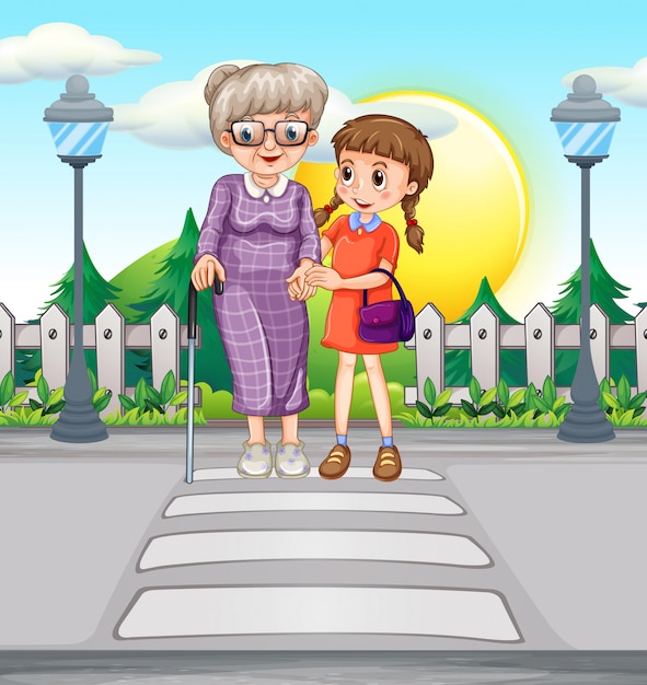 Free vector girl helping old woman crossing the road