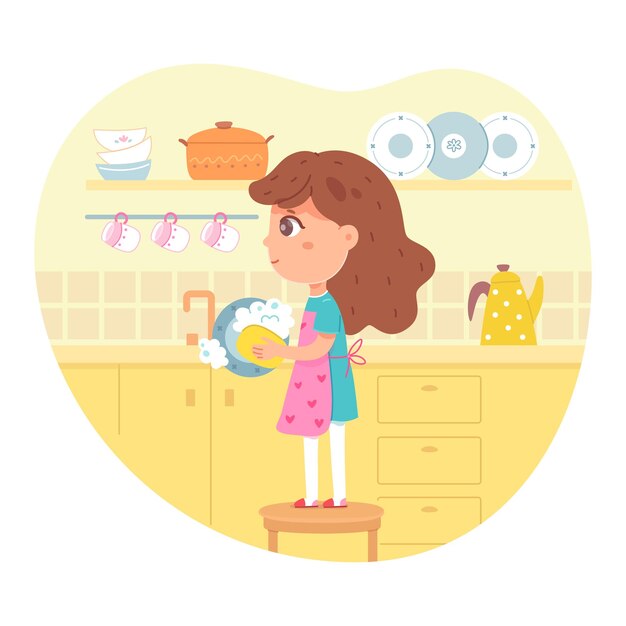 Girl helping wash dishes in kitchen Kid helps clean plates with soap and sponge at home child standing on stool in apron