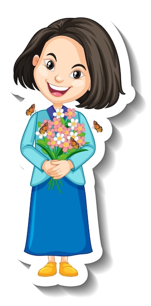 Free vector a girl holding bouquet cartoon character sticker