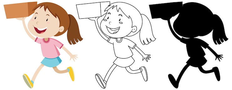 Free Vector girl holding the box with its outline and silhouette