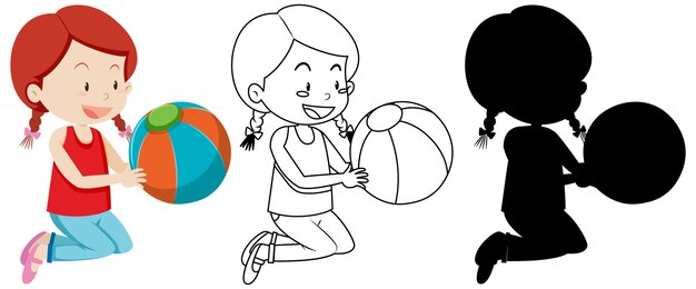 Girl holding colorful ball with its outline and silhouette