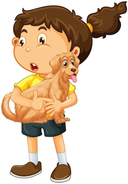 Девушка держит милая собака мультипликационный персонаж, изолированные на белом