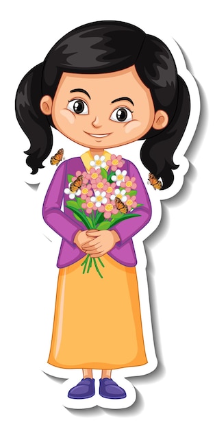 A girl holding flower bouquet cartoon character