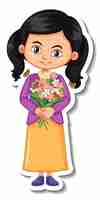 Free vector a girl holding flower bouquet cartoon character