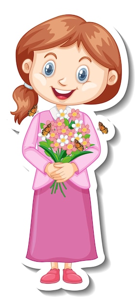 A girl holding flower bouquet cartoon character