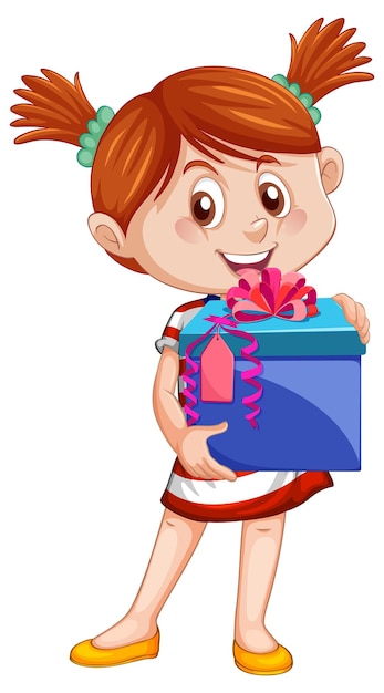 Девушка держит подарочную коробку мультипликационного персонажа на белом фоне