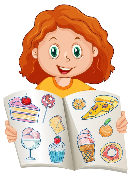 A girl holding her art work in cartoon style