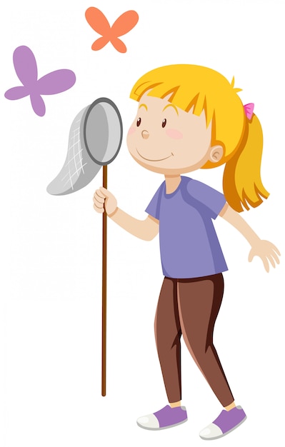 A girl holding insect catching in standing posing with some butterfies cartoon isolated