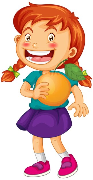 白い背景で隔離のオレンジ色の果物の漫画のキャラクターを保持している女の子