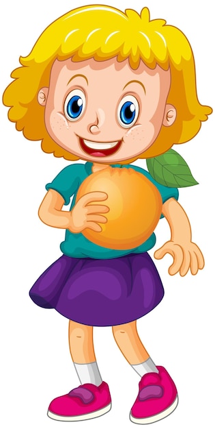 A girl holding an orange fruit cartoon character isolated on white