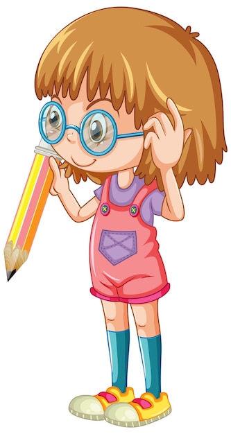 Бесплатное векторное изображение Девушка держит карандашный персонаж мультфильма на белом фоне