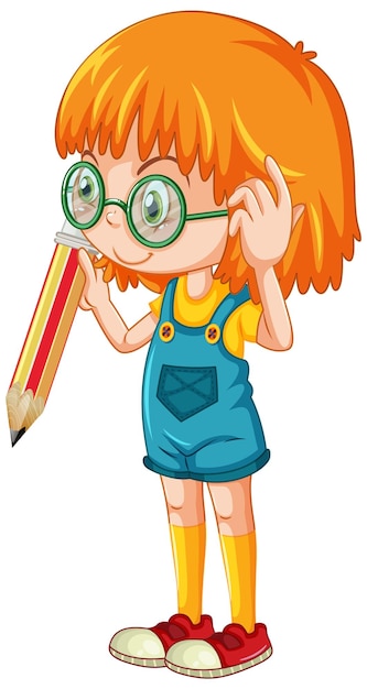 Free vector girl holding pencil cartoon character on white background