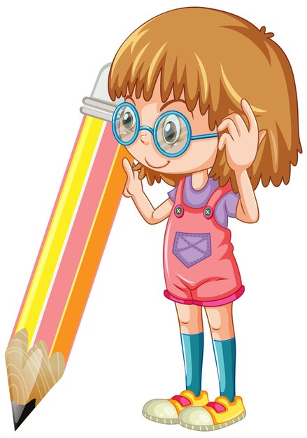 Girl holding pencil cartoon character on white background