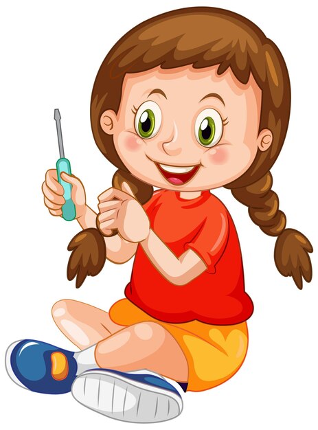 A girl holding a screwdriver on white background