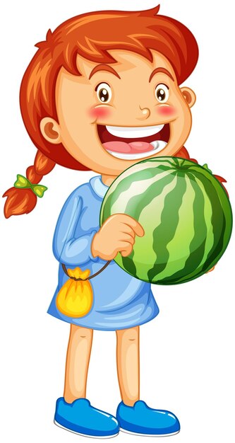 A girl holding watermelon fruit cartoon character isolated on white