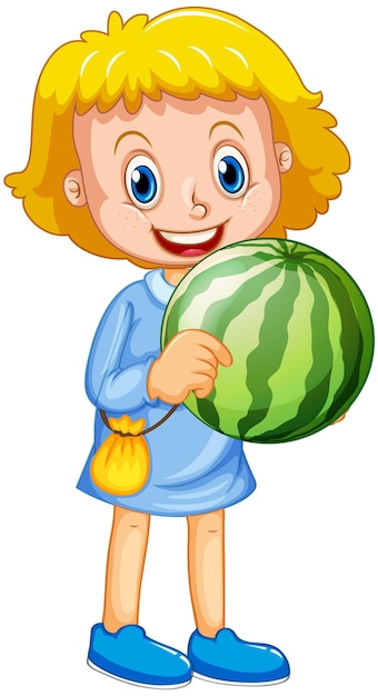 A girl holding watermelon fruit cartoon character isolated on white