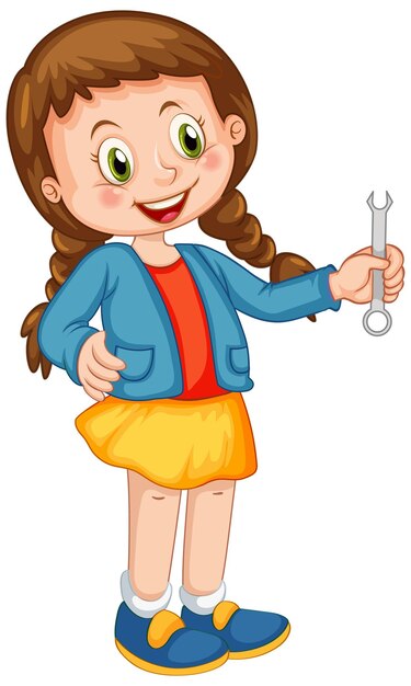 A girl holding wrench on white background