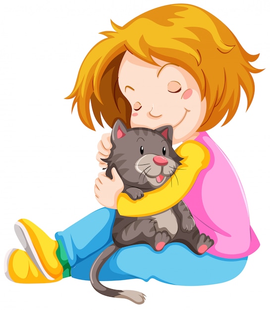 かわいい子猫を抱き締める少女