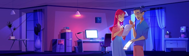 Бесплатное векторное изображение Девушка в ночной комнате дома офиса интерьер для работы