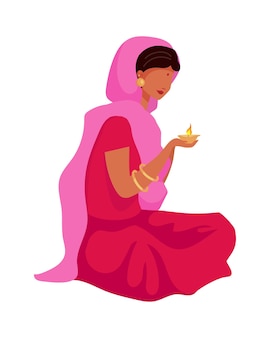 세미 플랫 컬러 벡터 문자를 기도하는 분홍색 사리를 입은 소녀. 앉아있는 그림. 흰색에 전신 사람입니다. 그래픽 디자인 및 애니메이션을 위한 deepavali 격리된 현대 만화 스타일 그림