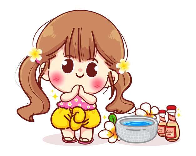 タイの伝統的なコレクションの漫画で幸せなかわいいキャラクターは イラストマスコットを設定します プレミアムベクター