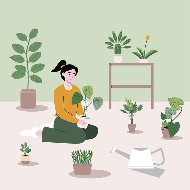 The girl is sitting with different kinds of trees and garden materials.