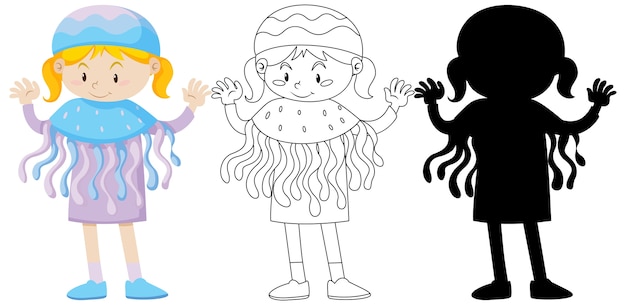 Girl in jellyfish costume in color and outline and silhouette