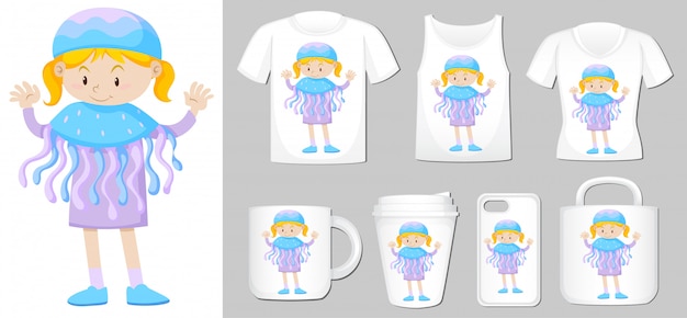  of girl in jellyfish costume on different product templates