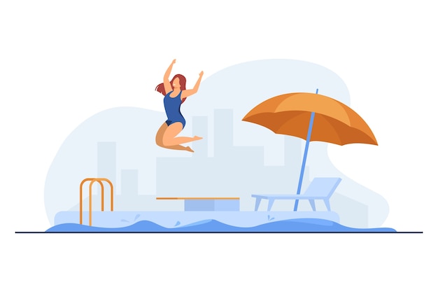 야외 수영장으로 점프하는 소녀.