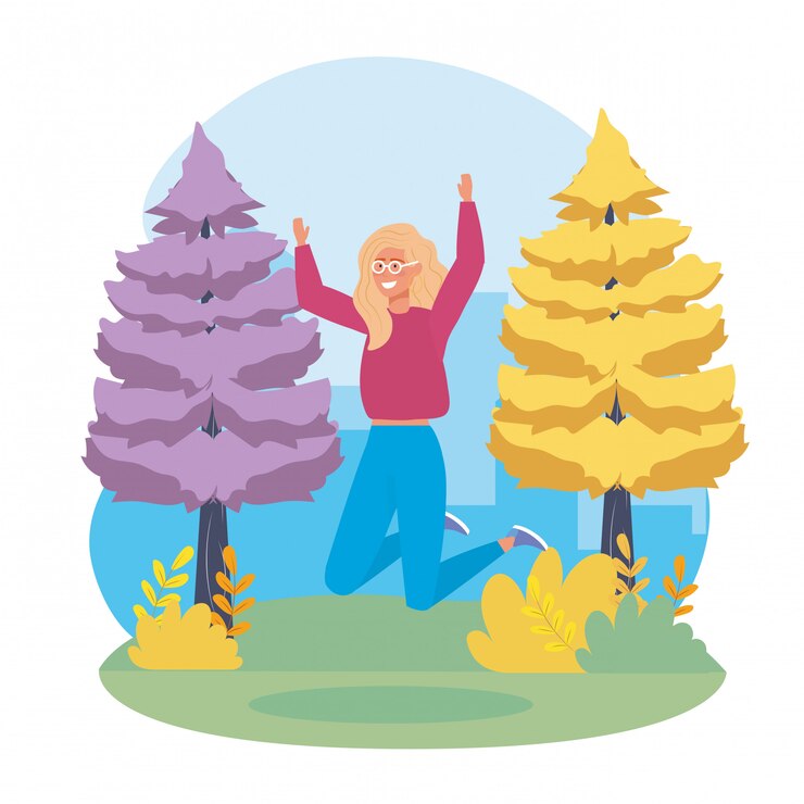 Free Vector girl jumping with casual clothes and pines trees
