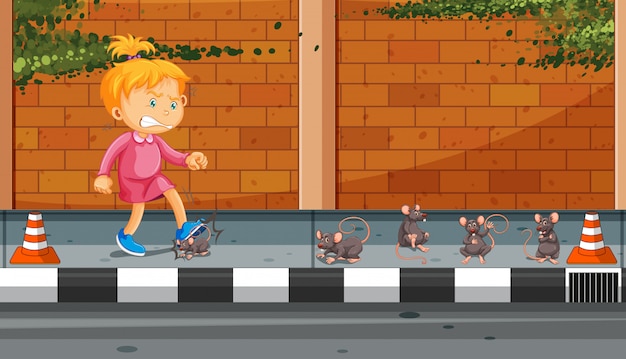 Девушка пинает крыс на улице
