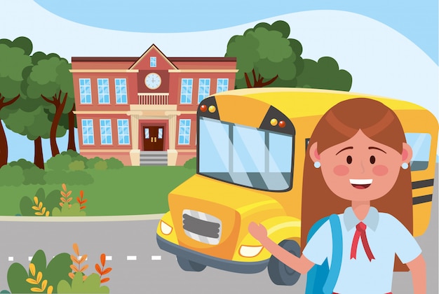 Free vector girl kid and bus school