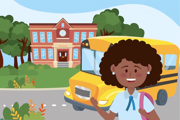 Free vector girl kid and bus school