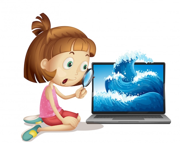 Free vector girl next to laptop with wave on screen background