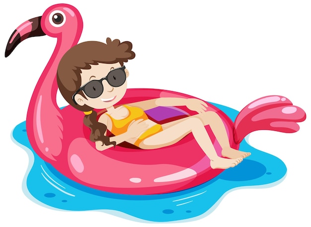 A girl laying on the flamingo swimming ring in the water isolated