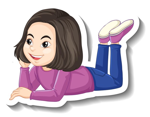 Free vector a girl laying pose cartoon character sticker