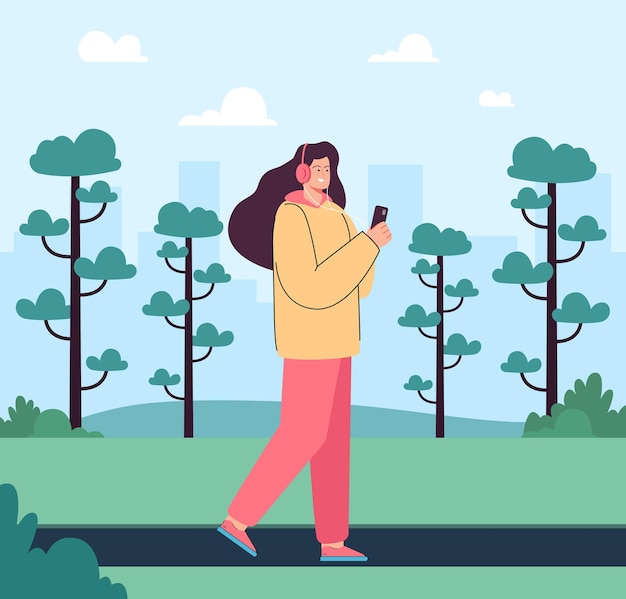 Ragazza che ascolta musica, cammina per strada o nel parco cittadino. felice giovane donna con auricolare che tiene il telefono in mano, godendo di un'illustrazione vettoriale piatta sonora. passeggiata all'aperto, gioventù, concetto di musica