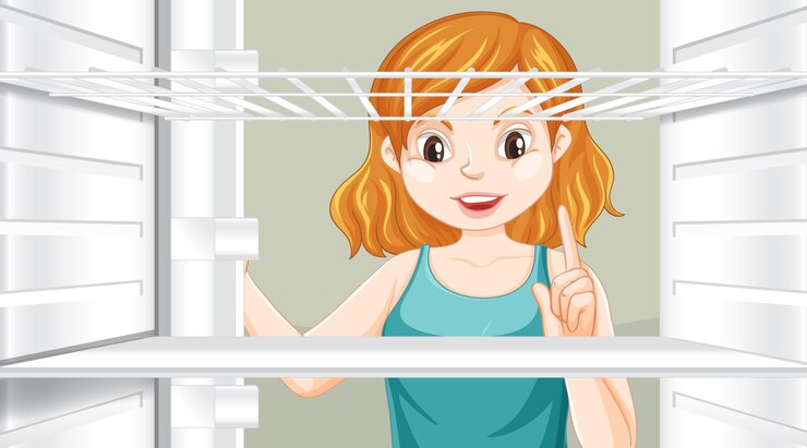 Free Vector girl looking at food in fridge