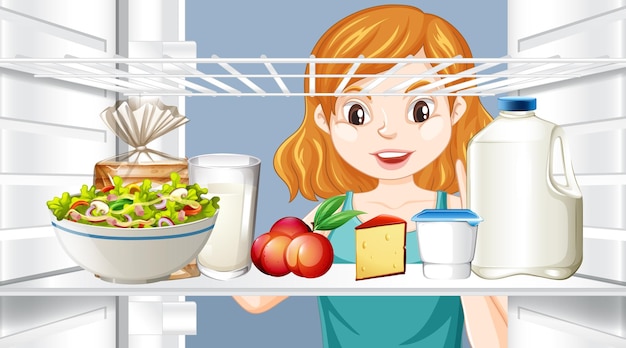 Free vector girl looking at food in fridge