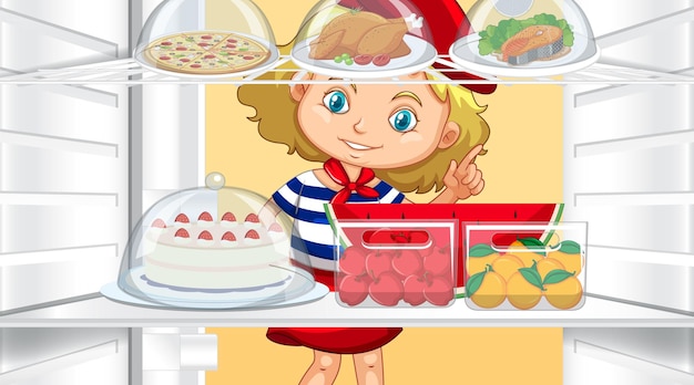 Free vector girl looking at food in fridge