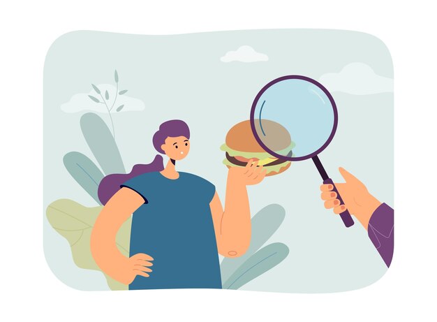 Girl looking at hamburger through magnifier. Frustrated woman checking junk food flat vector illustration. Fast food, health concept for banner, website design or landing web page