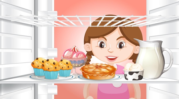 Free vector girl looking an inside the refrigerator with food