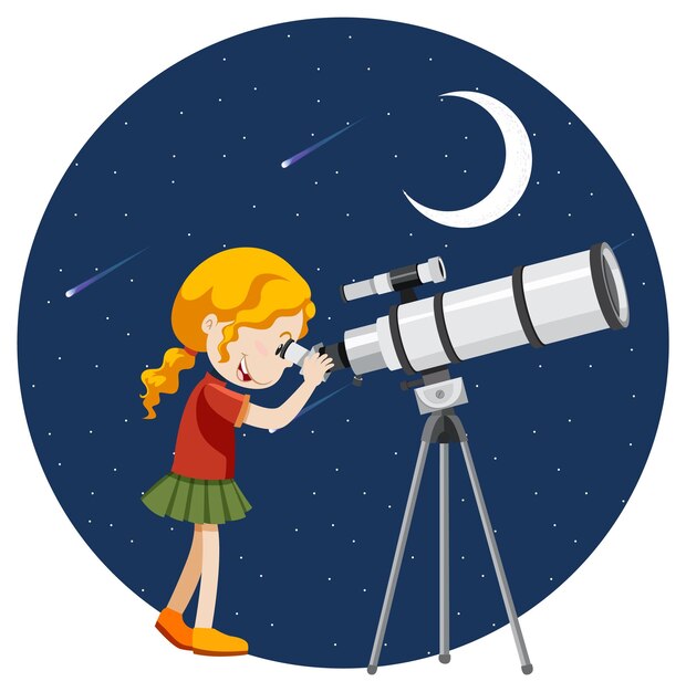 Девушка смотрит в телескоп ночью