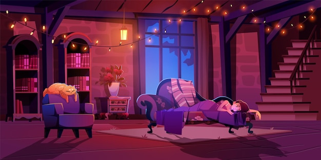 Free vector girl lying on sofa in home living room with mobile phone at night cartoon vector illustration vintage livingroom inside with bookshelf in palace retro stone wall and cat comfortable on armchair