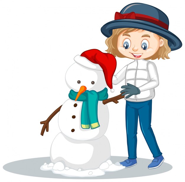 Girl making snowman on isolated