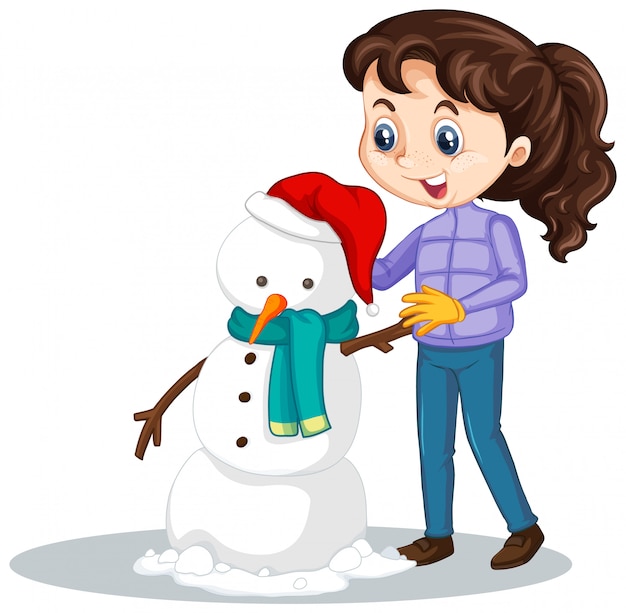 Free vector girl making snowman on isolated