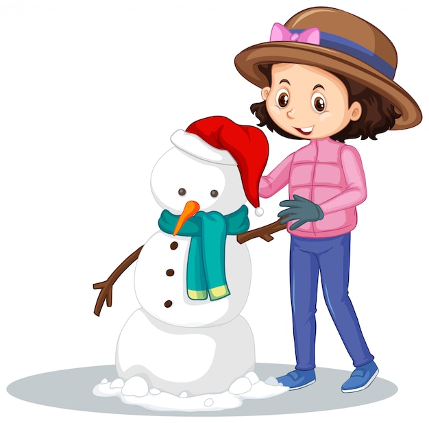 Girl making snowman on isolated